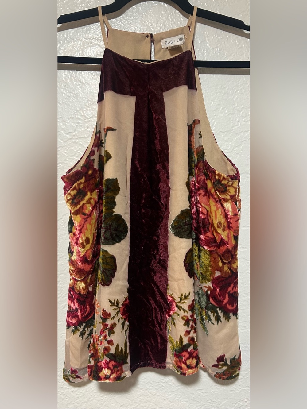 Clover and Scout Velvet-Panel Floral Mini Dress in Beige and Burgundy